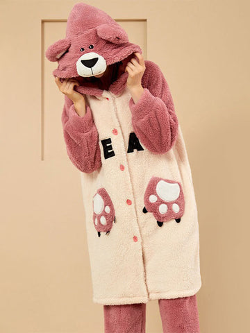 Airchics ensemble de pyjama lettres flanelle boutons poches à capuche manches longues femme mignon oversized